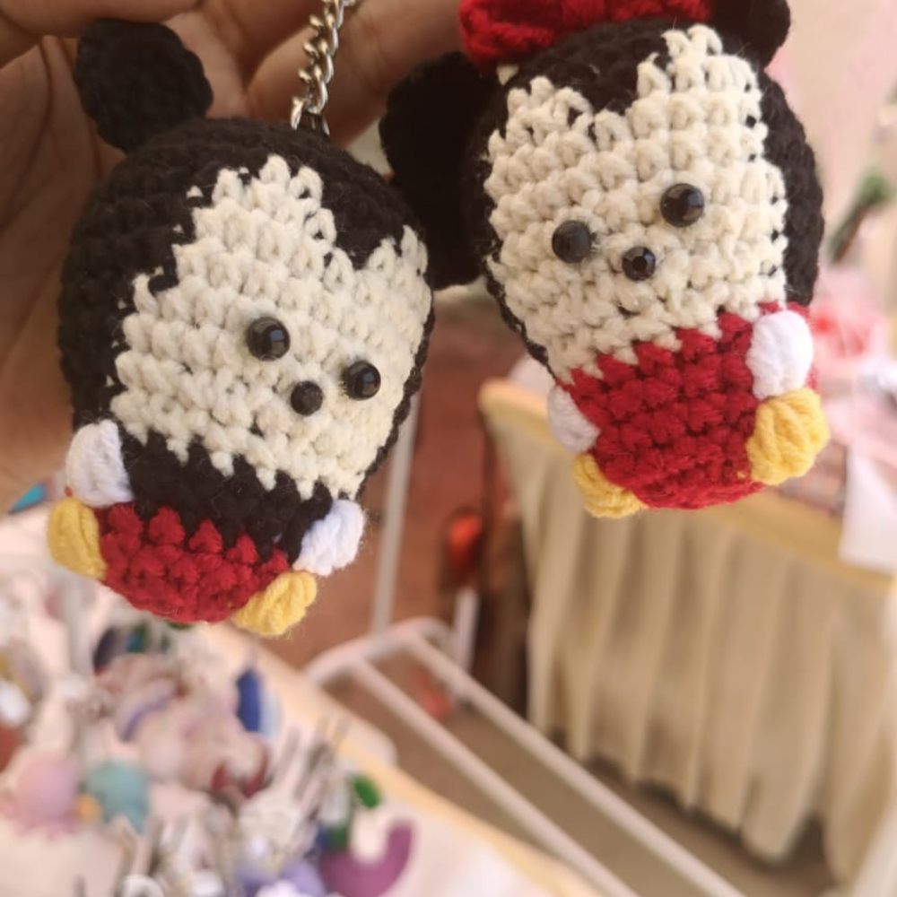 Handmade Crocheted Mickey and Minnie Mouse Keychain Set