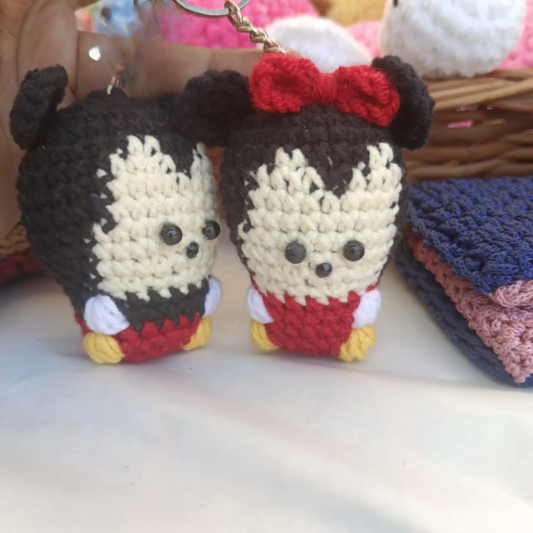 Handmade Crocheted Mickey and Minnie Mouse Keychain Set