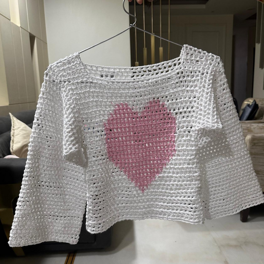 Handmade Crochet White Top with Pink Heart Design
