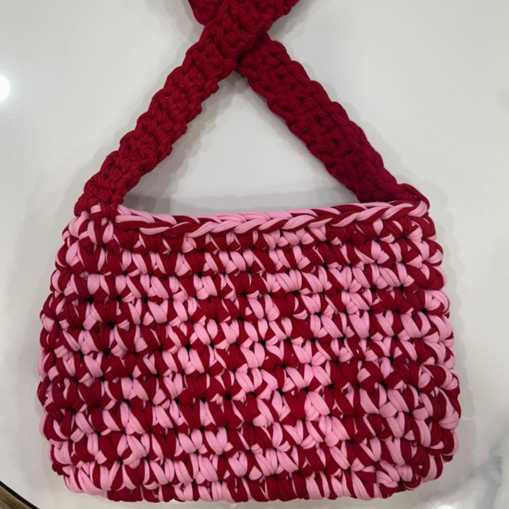 Handmade Crochet Red and Pink Tote Bag