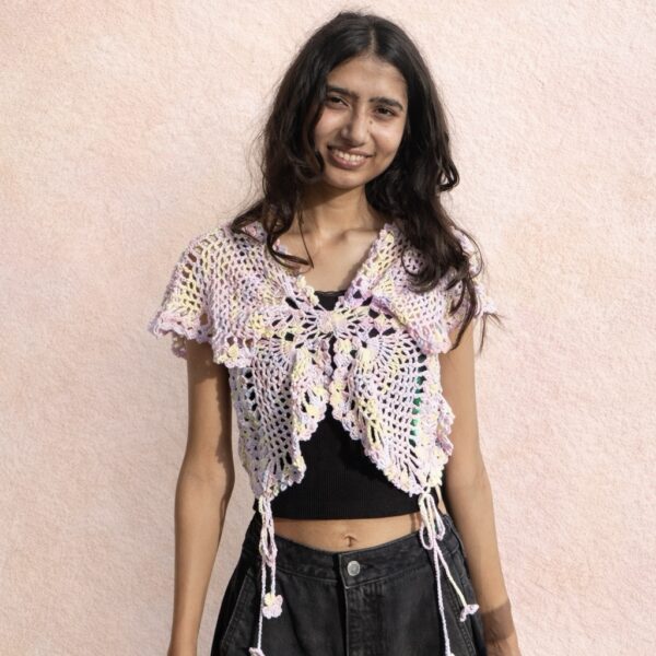 Pastel Flutter – Butterfly Crochet Back-Tie Shrug