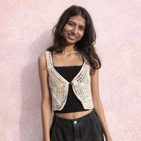 Pastel Bloom – Crochet Button-Front Vest