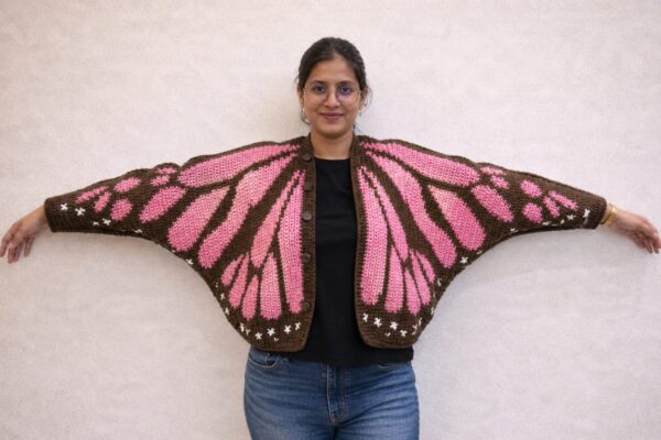 Blush Pink and Brown Monarch Butterfly Cardigan (M-L)