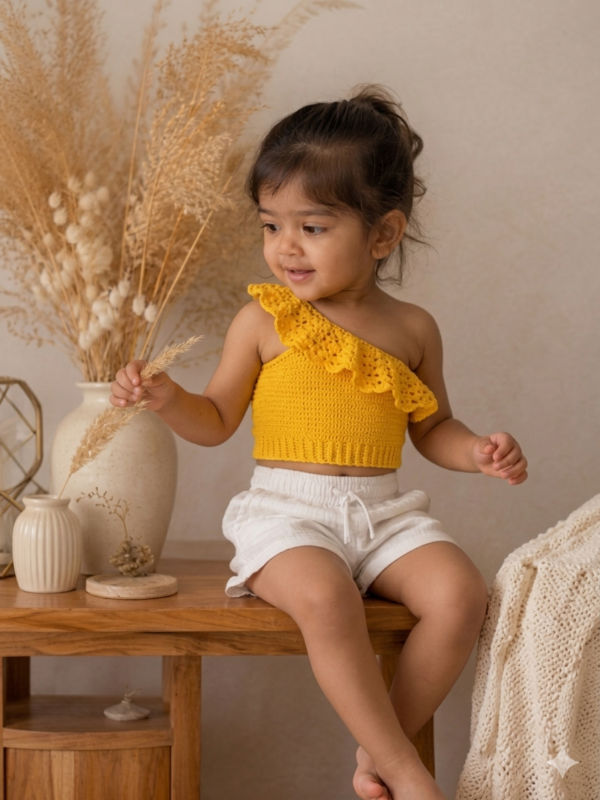 Sunshine Ruffle One-Shoulder Crochet Top (7-8 Years)