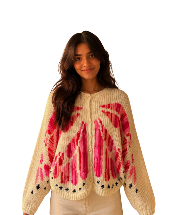 Blush Pink and White Monarch Butterfly Crochet Cardigan (M-L size)