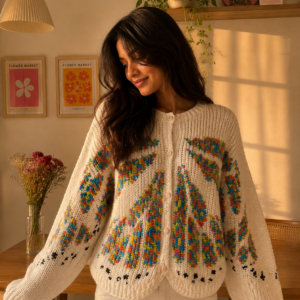 Wildflower Multicolor and White Monarch Butterfly Crochet Cardigan (S size)