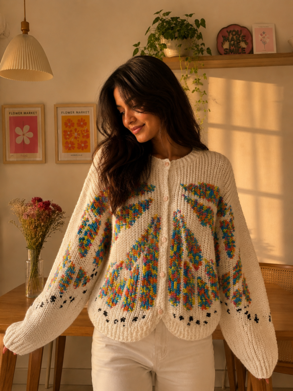 Wildflower Multicolor and White Monarch Butterfly Crochet Cardigan (S size)