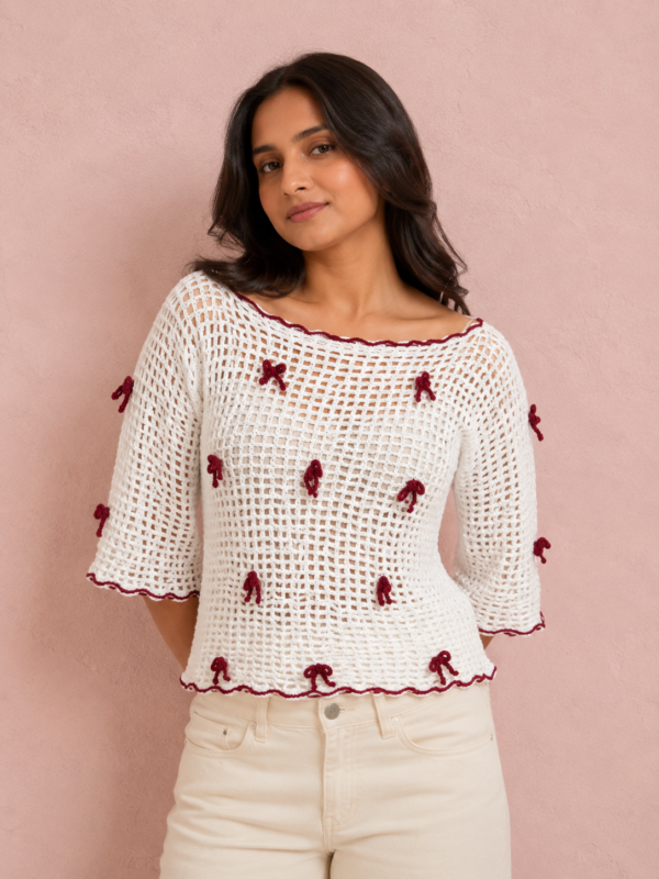 Cherry Bow Crochet Mesh Top